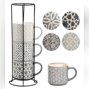 Hiceeden Set of 4 Coffee Mugs with Metal Stand, 15 oz Stackable Mugs